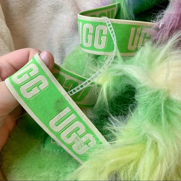 Ugg fluff yeah tie dye fur slides platform slippers size 6 green - Picture 4 of 12